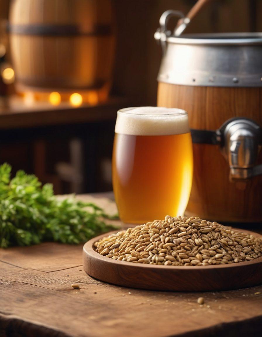 A detailed close-up of a rustic wooden table filled with various beer crafting ingredients including barley, hops, and yeast, with brewing equipment like a kettle and fermentation tanks in the background. A glass of freshly brewed beer sits invitingly in the foreground, with warm lighting highlighting the golden liquid. Subtle hops flowers and grains scattered around to enrich the scene, evoking a sense of creativity in beer crafting. super-realistic. warm colors. depth of field.