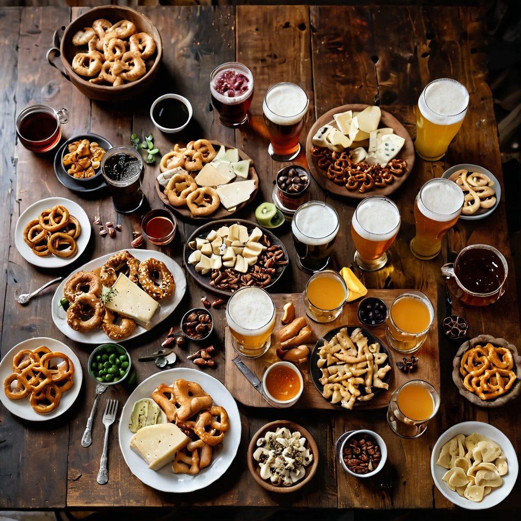 A vibrant and inviting scene showcasing a diverse selection of beer styles elegantly arranged on a rustic wooden table. Include artisanal beer glasses filled with colorful brews, complemented by gourmet food pairings like cheese plates and pretzels. In the background, a lively group of beer enthusiasts engages in conversation, celebrating their love for craft beer. Add warm, ambient lighting to enhance the cozy atmosphere. super-realistic. vibrant colors.